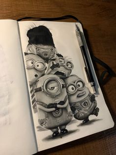 an open notebook with a drawing of two minion characters