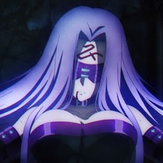 an anime character with long purple hair