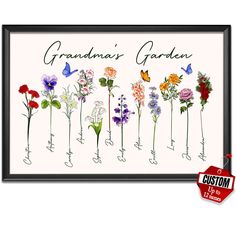 an art print with flowers and butterflies on it