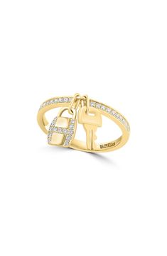 Round diamonds bring luxurious sparkle to a polished 14-karat gold ring featuring dainty lock and key charms. 3/8" width Total diamond weight: 0.20ct. Color: H–I Clarity: I1–I2 14k gold/diamond Made in the USA Diamond Guide Locks & Key, Diamond Guide, Effy Jewelry, Charm Rings, Womens Jewelry Rings, Free Jewelry, Rings Statement, Round Diamonds, Gold Diamond