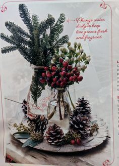 a card with pine cones and berries in a mason jar