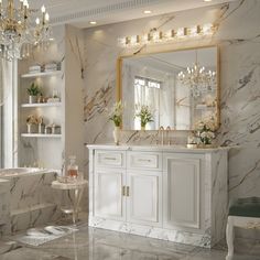 an elegant bathroom with marble floors and walls