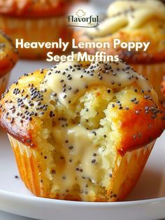 a close up of a muffin on a plate with poppy seed sprinkles