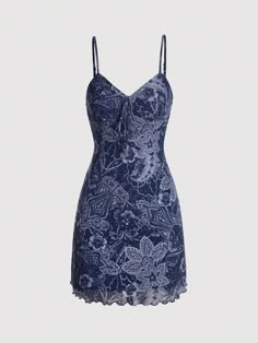 Floral Print Lettuce Trim Cami Dress Navy Blue Boho  Sleeveless Knitted Fabric Floral,Paisley Cami Slight Stretch  Women Clothing, size features are:Bust: ,Length: ,Sleeve Length: White Cami Dress, 2008 Fashion, Vestidos Retro, Shoes Outfit Fashion, High Fashion Outfits, Dress For Short Women, Cami Dress, Simple Dresses, Lettuce