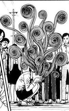 a man kneeling down in front of a tree with swirly hair on it's head