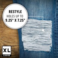 a pair of ripped jeans with the words restyle holes up to 9 25 x 7 25