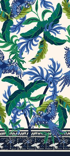 a blue and green floral pattern on a white background with black trim around the edges