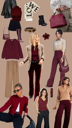 Burgundy dark red outfit inspiration autumn trend pantalon knitwear blazer School Office Outfits, Burgundy Trousers Outfit, Red Outfit Inspiration, Dark Red Outfit, Red Blazer Outfit, Winter Pants Outfit, Color Combos Outfit