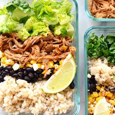 four plastic containers filled with food and garnished with limes, cilantro, black beans, corn