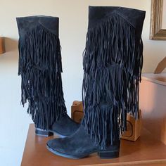 Sam Edelman Black Pendra Fringe Suede Western Boots/Booties In Good Used Condition. Sizing: True To Size. - Almond Toe - Pull On - Approx. 1.25" Heel - Approx. 18.5" Shaft Height, Approx. 15" Opening Circumference Original Box And Dust Bag Not Included Suede Western Boots, Black Fringe Boots, Fringe Booties, Pumped Up Kicks, Fringe Boots, Black Fringe, Sam Edelman Shoes, Awesome Stuff, Western Boots