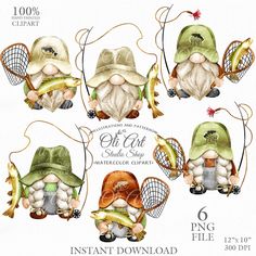 an image of gnomes with fishing gear on their backs and hats in different poses