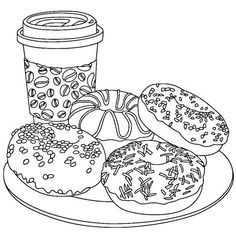 donuts and coffee on a plate with sprinkles coloring page for kids