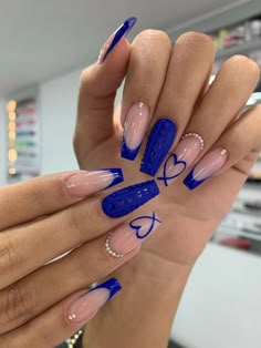 Ballerina Acrylic Nails, Blue Acrylic Nails, Smink Inspiration, Manicure Tips, Coffin Press On Nails, Blue French, Diamond Nails