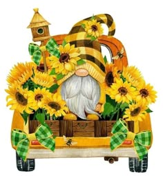 a painting of a gnome in a wagon with sunflowers