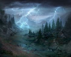 a painting of lightning in the sky over a forest