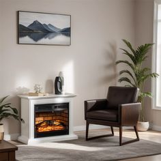 a living room with a fire place and chair in front of the fireplace that is lit