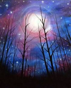 a painting of trees with the moon in the sky and stars above them, painted on canvas