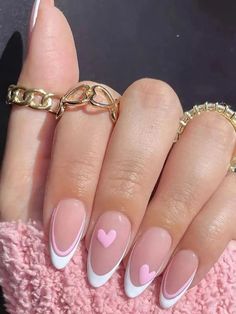 24pcs Long Almond Heart Pattern Fake Nail #frenchtipnails French Nail Ideas, French Nail, French Tip Nails, Heart Patterns, Almond Nails, French Nails, Fake Nails, Fun Nails, Nail Ideas