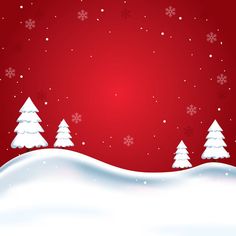 a red christmas background with white trees and snow flakes