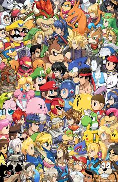 an image of many different cartoon characters in the same photo, one is very large