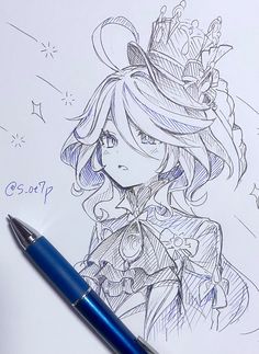 a drawing of a girl with a hat on her head and a blue ballpoint pen