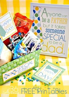 a father's day gift basket with free printables on it and a sign