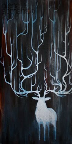 a painting of a white deer with trees in it's antlers on a black background