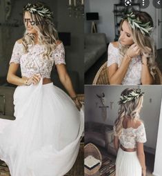 two piece white lace top and tulle skirt with flowers on the waist, short sleeves