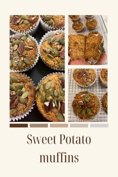 sweet potato muffins with pumpkin seeds and pecans in the middle are shown