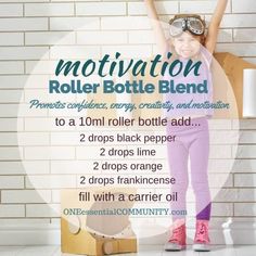 "motivation" roller bottle blend promotes confidence, energy, creativity, and… Essential Oils Energy, Essential Oil Remedy, Essential Oil Roller Bottle