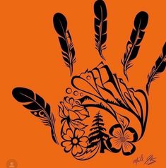 a hand with feathers and flowers on an orange background