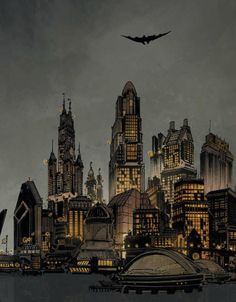 an image of a city at night with a bat flying over the top of it