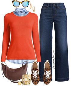 Fall Preppy Outfits, Tory Burch Watch, Alexa Webb, Loungewear Fashion, Plus Size Fall, Blue Striped Shirt, Orange Sweaters, Fashion 101, Dark Wash Denim