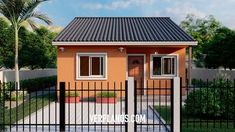 a small orange house with a black fence and trees in the front yard, surrounded by palm trees