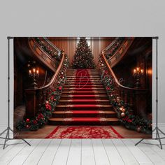 christmas tree on the stairs with red carpet and garlands in front of an ornate staircase