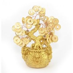 This lovely money tree features a lot of golden coins on the tree. It is popularly used in Chinese culture as a way to attract and obtain riches effortlessly and abundantly. | Bungalow Rose Money Tree w / Dragon Pot Sculpture Resin in Yellow | 7 H x 7 W x 4 D in | Wayfair | Home Decor Rose Money, Feng Shui Money Tree, Asian Party Themes, Pot Sculpture, Feng Shui Tree, Feng Shui Money, Golden Coins, Golden Coin, Artificial Potted Plants