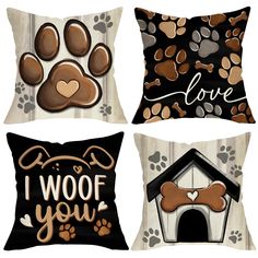 four pillows with dog paw prints and i love woof you written on the front