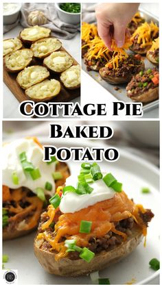 the collage shows different types of baked potatoes with cheese and other toppings on them