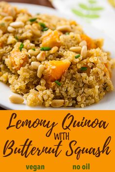 lemony quinoa with butternut squash on a white plate