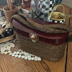 This Stunner Vintage 1940s Oval Beaded Lucite Box Purse Is Loaded With Bronze Carnival Beads And Has Brass Hinges And An Art-Deco Styled Closure. Inside Lined In Olive Green Satin With A Side Pocket. Measurements Shown In Photos. In Excellent Condition Except The Lid Looks To Be Slightly Warped Upwards On The Ends, But I Think It Gives It Even More Appeal And Stylealmost Oriental, And The Underside Of The Lid, Which Doesn’t Show When Wearing. Price Reduced By $100 For This. Smoke-Free Home. Lucite Bags Vintage Handbags, 1940 Handbags, Box Purse, Brass Hinges, Bags Vintage, Vintage Orange, Vintage Box, Green Satin, Beaded Bags