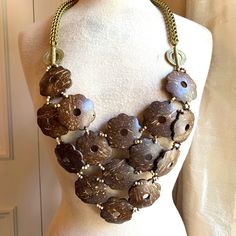 Boho Statement Bib Necklace. Natural Brown Coconut Shell Strung With Agate. Brass Chain And Details. Extremely Lightweight Piece With A Huge Impact. Fabulous Olive Jewelry, Coconut Flower, Carved Flowers, Statement Bib Necklace, Coconut Shell, Beaded Necklaces, Bib Necklace, Shell Necklaces, Natural Brown