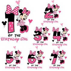 minnie mouse birthday girl numbers with pink and black polka dots on the number 1, 2, 3, 4, 5, 6