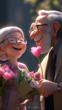 an older man and younger woman are smiling at each other as they hold pink flowers