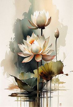 watercolor painting of two white lotuses with green leaves