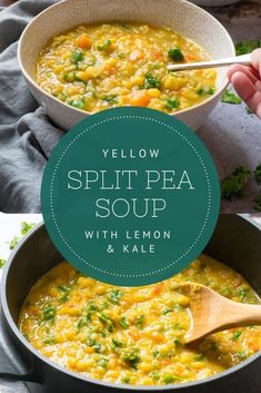 yellow split pea soup with lemon and kale in a pot on a table next to a wooden spoon