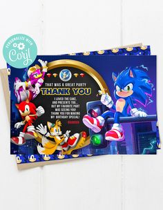 sonic the hedgehog birthday party thank you card