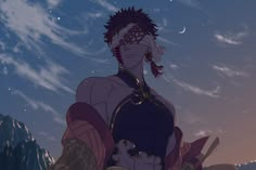 an anime character is standing in front of the night sky with mountains and stars behind her