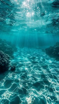 an underwater view of the ocean with sunlight streaming through