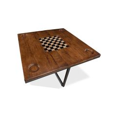 a wooden table with black and white checkerboard on the top, sitting in front of a white background