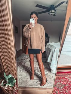 Flat Riding Boots Outfit, Fall Boots With Dress, Thanksgiving Outfit With Black Boots, Brown Midi Dress Outfit Winter, Turtle Neck Sweater And Skirt Outfit, Light Tan Knee High Boots Outfit, Jean Skirt Brown Boots Outfit, Fall Outfit Knee High Boots, Black Skirt Tan Boots Outfit